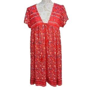 Made with Love Dress Boho Red Print Short Sleeve Tassel NWT Women's Large